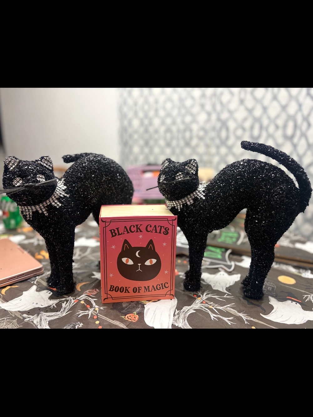 Black Glitter Cat Figurines - Halloween Decorative Pair